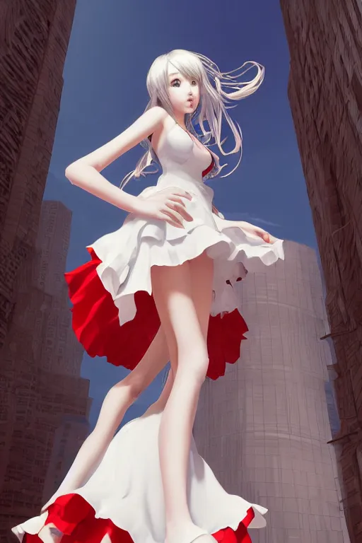 Image similar to the beautiful white frilled red dress girl standing in the hyper big and tall tower, looking at the, low angle, highly detailed, digital painting, artstation, concept art, smooth, sharp focus, illustration, Unreal Engine 5, 8K, art by Hiroaki Samura and Jiro Matsumoto