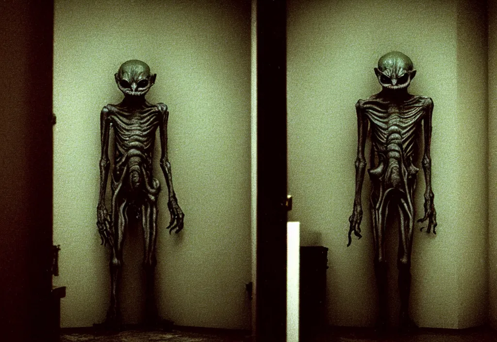 Prompt: hyperrealistic cinestill of creepy monster entity creature standing in bedroom, 1 9 9 0 interior bedroom decoration, designed by guillermo del toro, michael hutter, kentaro miura, junji ito, gantz, hideo kojima, weirdly inside toronto apartment. colorized. scp historical archives. david lynchian atmosphere. deep aesthetics of weirdcore