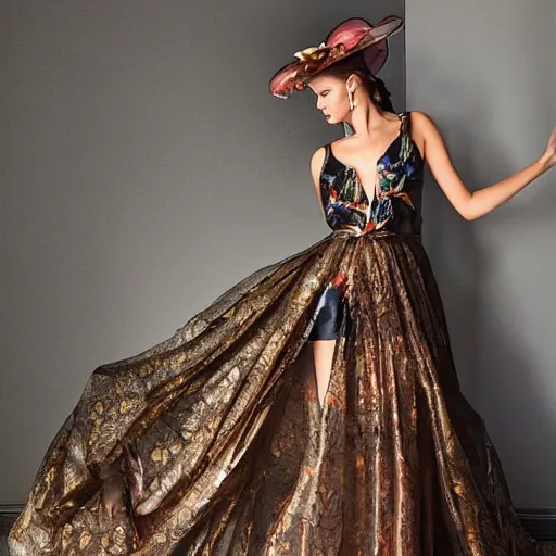 Image similar to exclusive evening dress made of bronze transparent fabric fantasy with colored flower petals made of fabric. intricate asymmetrical patterns. an elegant hat. hyperrealistic photos, clear details.