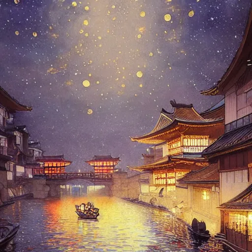 Image similar to view from the river of a beautiful painting of the lantern festival in a town resembling old kyoto and old town prague, at night with a sky full of stars, intricate, elegant, highly detailed, digital painting, artstation, concept art, by krenz cushart and artem demura and alphonse mucha