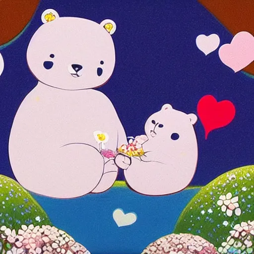 Image similar to cartoon bear and cat in love, by Chiho Aoshima