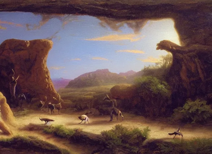 Image similar to the first mammals start to appear after the long impact winters, small mammals explore the new lands of the paleogene era of earth, in the style of hudson river school of art, oil on canvas