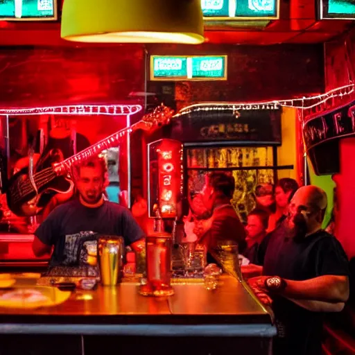 Image similar to a funky band playing at a small bar, red neon lights, good mood, people sitting in tables