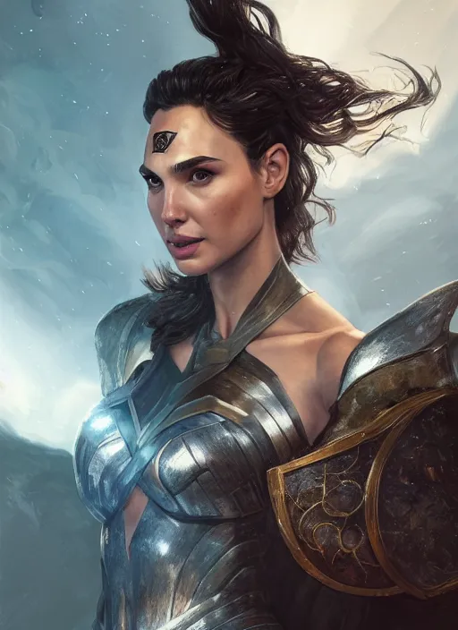 Image similar to portrait of gal gadot as a legendary knight warrior, au naturel, hyper detailed, digital art, trending in artstation, cinematic lighting, studio quality, smooth render, unreal engine 5 rendered, octane rendered, art style by klimt and nixeu and ian sprigger and wlop and krenz cushart.