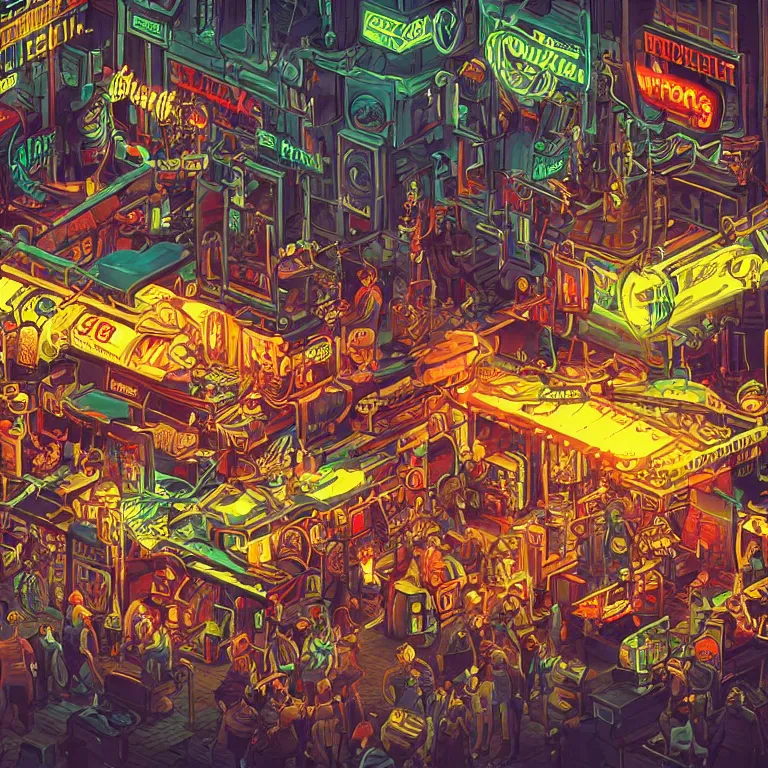 Image similar to fantastic lighting, pixel art, high detail, dieselpunk market, neon lights, 2 d