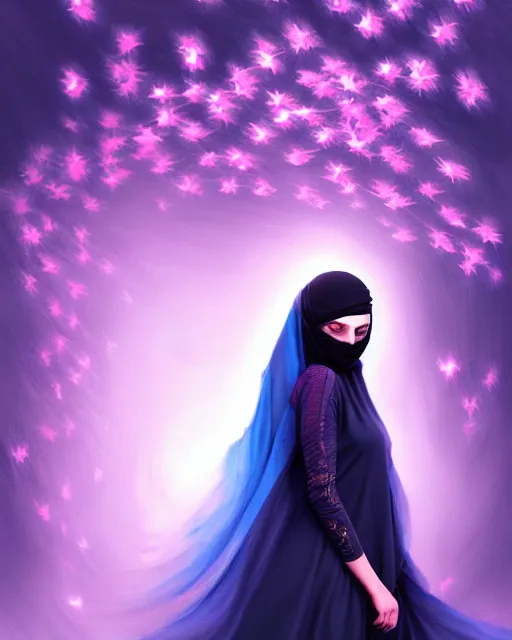 Image similar to beautiful arab woman in niqab, floating in mid - air, long flowing fabric, haunting, dancer, flowers, rain, lightning, storm, digital painting, illustration by james jean and tinothy kong and artgerm, volumetric lighting, realism, artstation