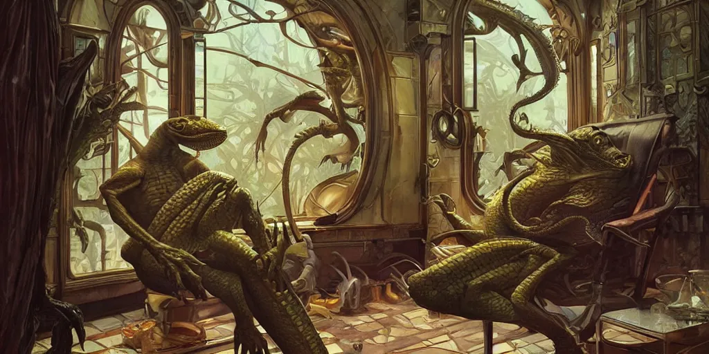 Image similar to lizardman lounging in a chair in front of an oven, fantasy, highly detailed, digital painting, concept art, matte, sharp focus, illustration by artgerm, art by greg rutkowski, art by alphonse mucha