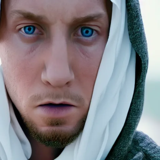 Prompt: closeup portrait of eminem converts to islam, depth of field, zeiss lens, detailed, symmetrical, centered, fashion photoshoot, by Annie Leibovitz and Steve McCurry, David Lazar, Jimmy Nelsson, Breathtaking, 8k resolution, extremely detailed, beautiful, establishing shot, artistic, hyperrealistic, beautiful face, octane render