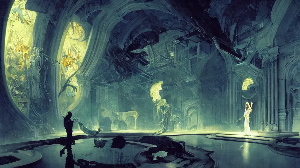 Prompt: a glowing white ghost floats in massive futuristic fantastical misty classical halls of creation. night time. deep blue tones. renaissance masterpiece. highly detailed sci - fi fantasy painting by norman rockwell, frank frazetta, johfra bosschart, and syd mead. rich colors, high contrast, dark background. artstation