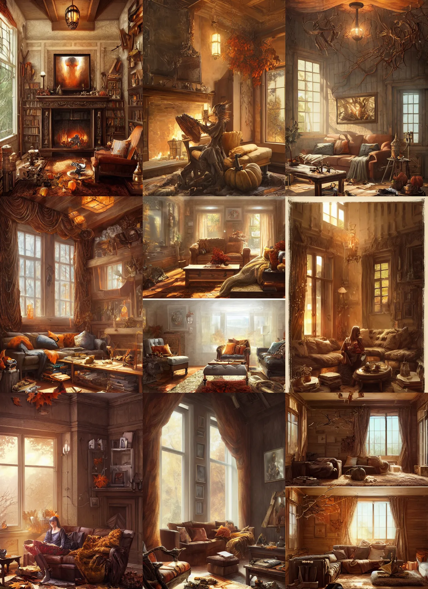 Prompt: autumnal living room, interior design, wood, d & d, fantasy, portrait, highly detailed, digital painting, trending on artstation, concept art, sharp focus, illustration, art by artgerm and greg rutkowski and magali villeneuve