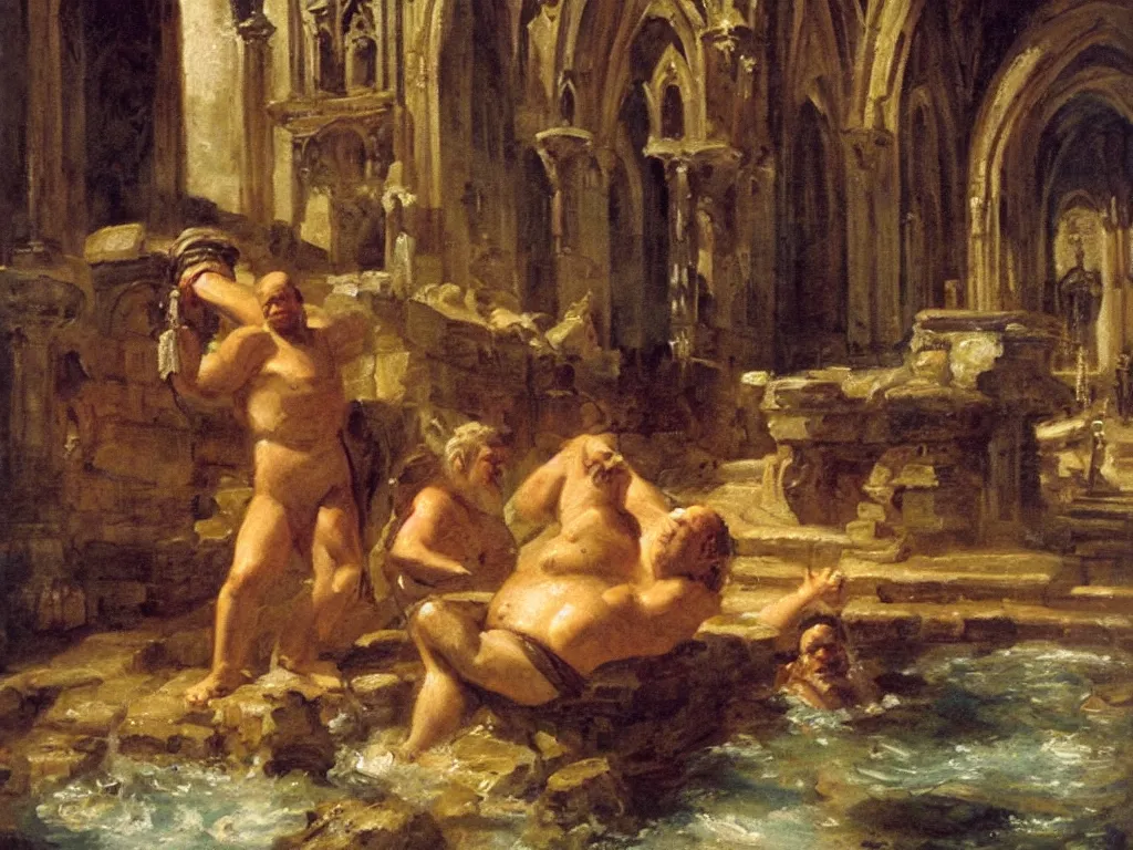 Image similar to an oil painting of obelix taking a bath in a beautiful cathedral