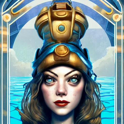 Image similar to underwater bioshock pirate captain portrait of emma stone, pixar style, by tristan eaton stanley artgerm and tom bagshaw.