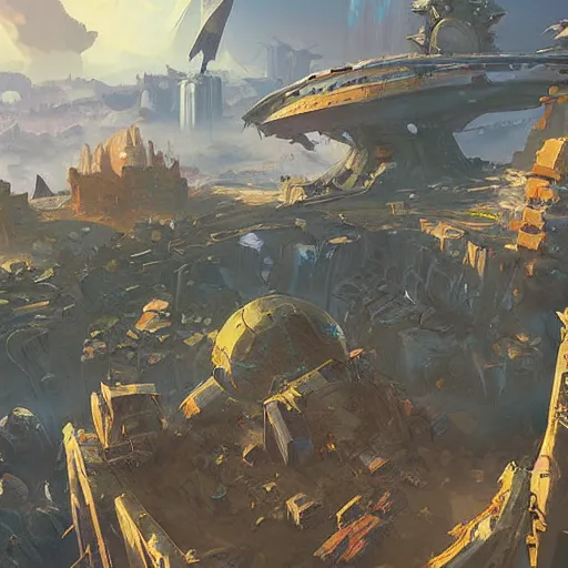 Image similar to the remains of a deserted planet. ruins, seen from space. clean sharp digital art, environment concept art, by rossdraws, ghibli, breath of the wild, greg rutkowski