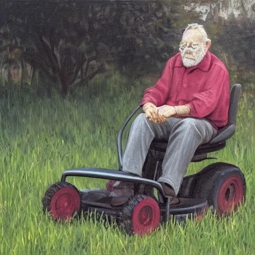 Prompt: an old man sitting on a riding lawn mower in an empty yard, oil painting, sad, perfect face