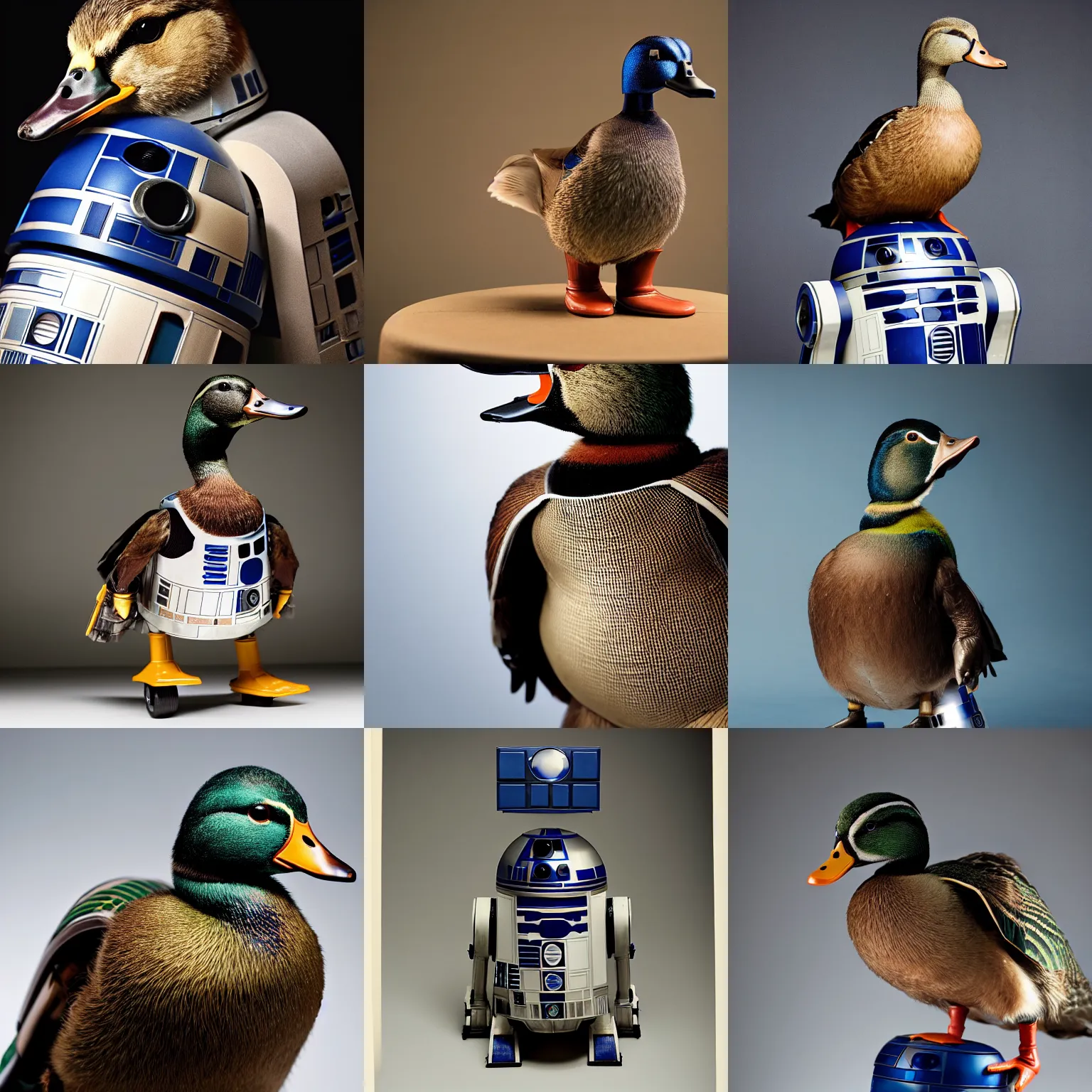 Prompt: A closeup of an adorable mallard duck standing on R2-D2, studio lighting, photography by Annie Leibovitz