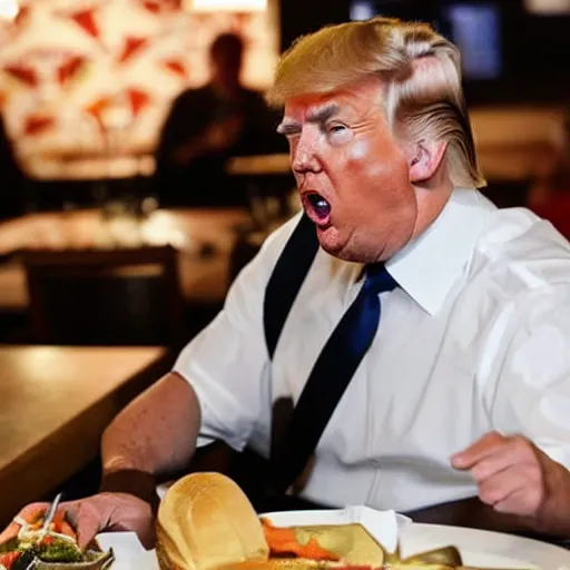 Prompt: donald trump stting at a restaurant table eating a cheeseburger with his mouth wide open, paparazzi photo