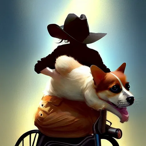 Image similar to tiny cat girl in cowboy hat riding on the back of a giant corgi by greg rutkowski