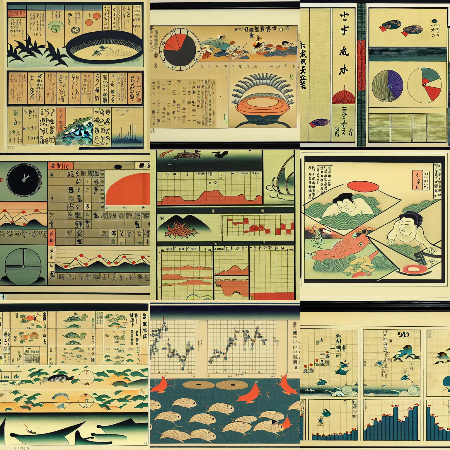 Prompt: business dashboard with time series charts, pie plots and other modern graphics, with small creatures swimming on it. diego rivera ( in ukiyo - e style )