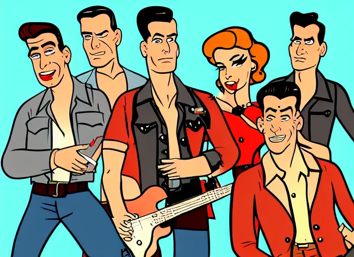 Image similar to rockabilly band in the style of archer cartoon, 1950s