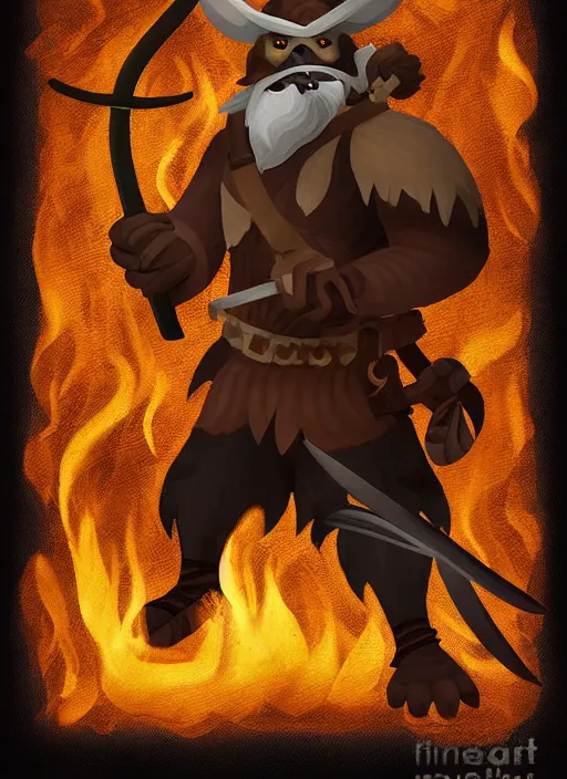 Image similar to bugbear ranger holding a fire sword, exquisite details, black beard, white background, by studio muti