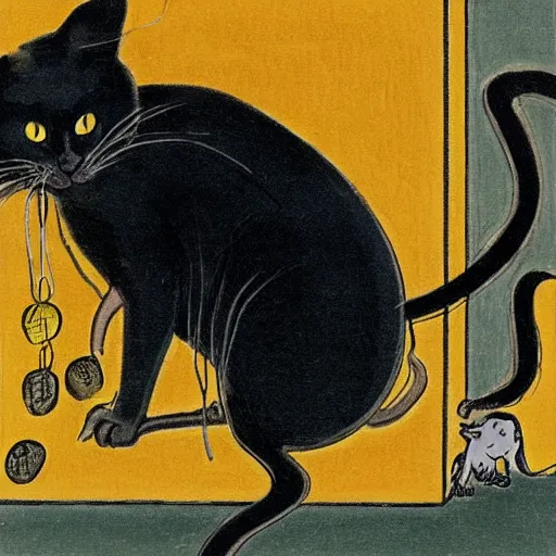 Image similar to a black cat with yellow eyes looking at a cornered mouse by tsuguharu foujita