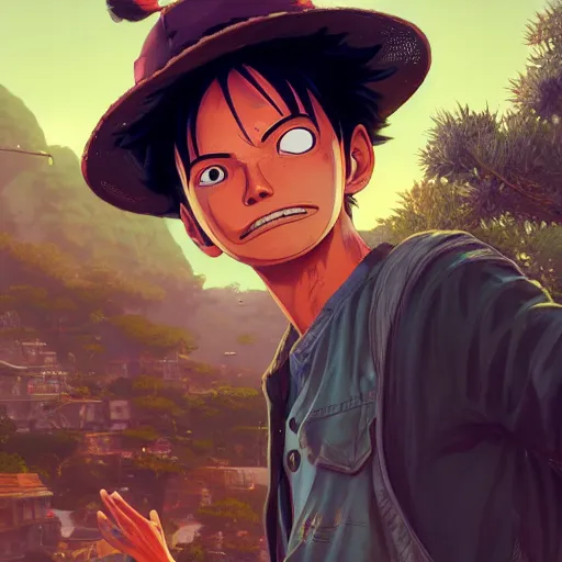 Image similar to highly detailed portrait luffy in gta v, stephen bliss, unreal engine, fantasy art by greg rutkowski, loish, rhads, ferdinand knab, makoto shinkai and lois van baarle, ilya kuvshinov, rossdraws, tom bagshaw, global illumination, radiant light, detailed and intricate environment