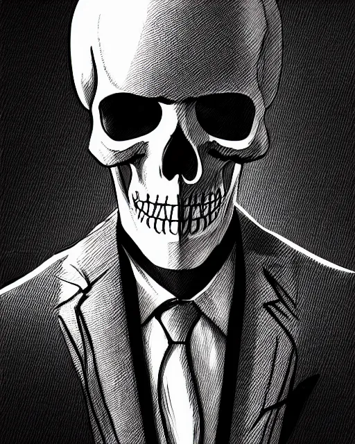 Prompt: dramatic line - art portrait of a skeleton in a suit, color glow, intense shading