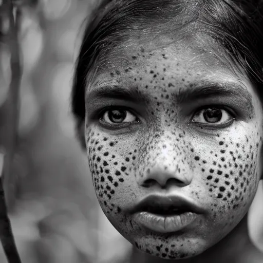 Prompt: a professional photo of a sri lankan jungle girl, black hair, light freckled skin and a look of panic on face. extremely high fidelity. key light.