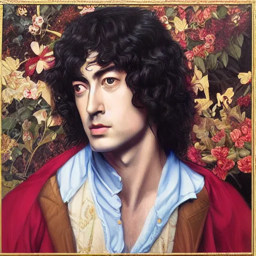 Prompt: amazing artgerm portrait of jimmy page in his 2 0 s as a preraphaelite painting, collaboration with j. scott campbell and artgerm with edward burn jones