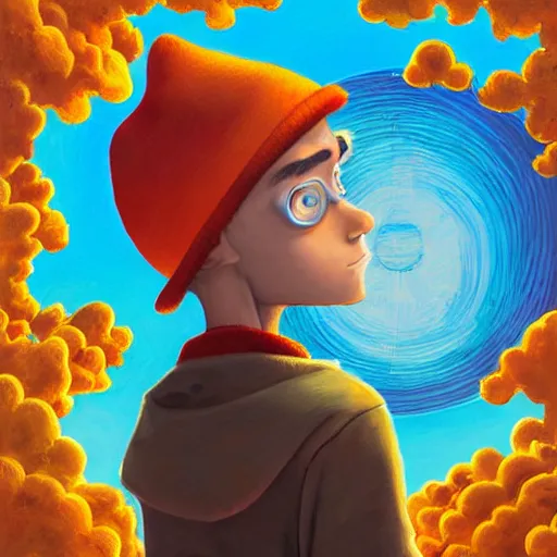 Prompt: a skinny young man wearing a hat at school with wavy hair and glowing orange eyes as a super hero, pixar cute, highly detailed, sharp focus, neon color, digital painting, floating particles, artwork by Jeremiah Ketner + Mati Klarwein + Fintan Magee + Chris Mars, background artwork by greg rutkowski