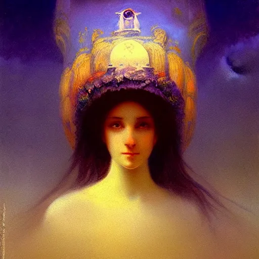 Prompt: illustration of a beautiful fungal priestess, face head eyes, hyperrealistic art by Ivan Aivazovsky