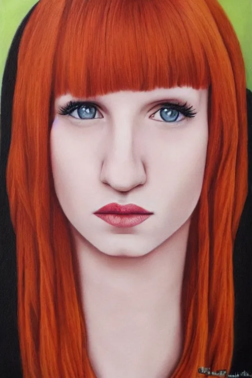 Prompt: ultra realistic hayley williams face portrait in the style of grant wood