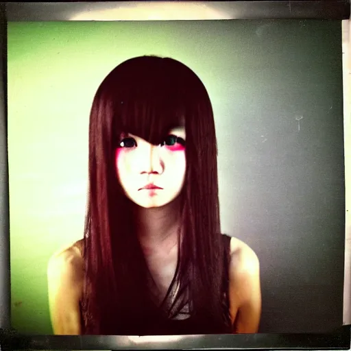 Prompt: upper body polaroid photograph of female japanese model in emo makeup, long hair, fringe. pretty and detailed eyes