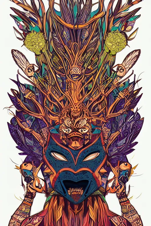 Image similar to animal mask totem roots flower tribal feather gemstone plant wood rock shaman vodoo video game vector cutout illustration vivid multicolor borderlands comics by josan gonzales and dan mumford radiating a glowing aura