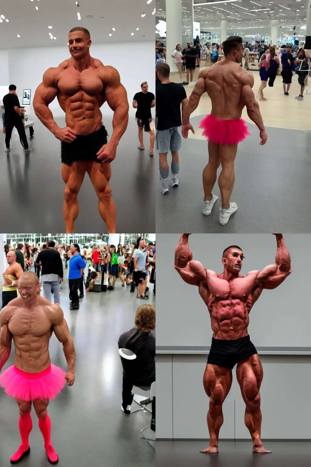 Prompt: A muscular man wearing a tutu in an Apple Store.