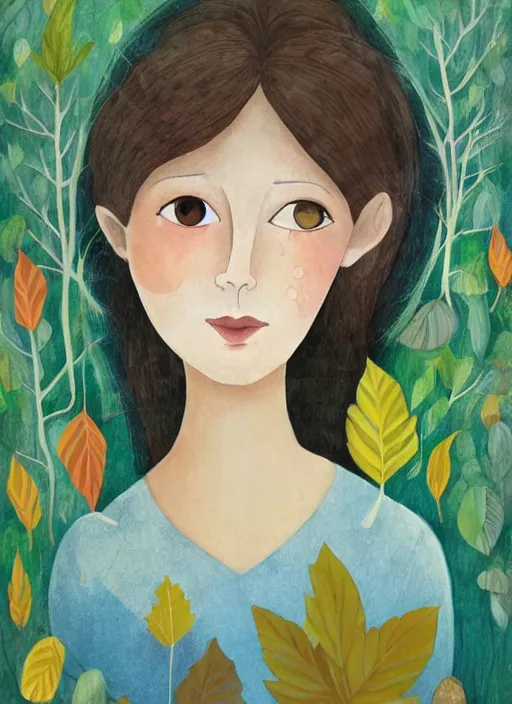 Image similar to a wonderful childrens illustration book portrait painting of a woman with serene emotion, art by tracie grimwood, forest, trees, many leaves, birds, whimsical, aesthetically pleasing and harmonious natural colors