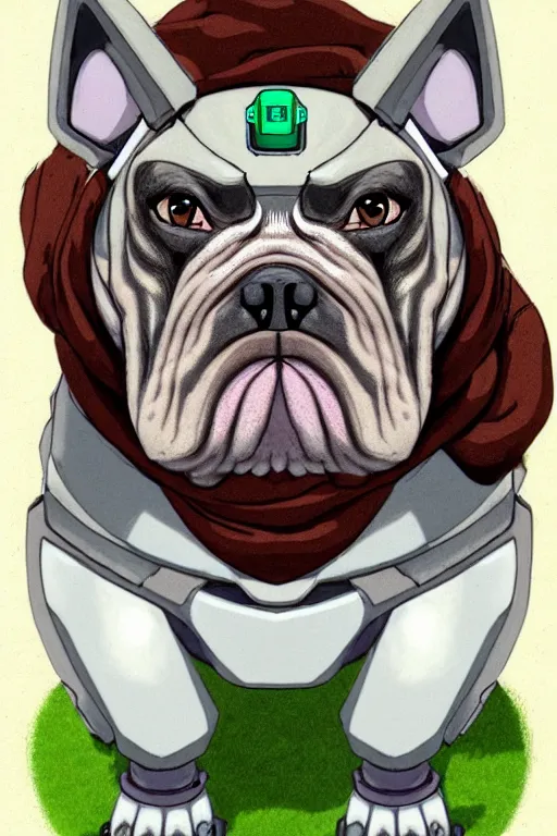 Image similar to a simple and atmospheric cell - shaded fantasy character concept art portrait of a robotic bulldog as a druidic warrior wizard looking at the camera with an intelligent gaze, very muted colors, by studio ghibli