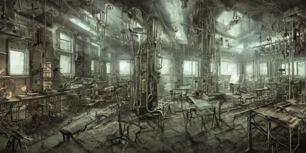 Image similar to xxii century humans discover abandoned laboratory with vacuum tube computers, early xx century technology, dark atmosphere, industrial complex, intricate, elegant, highly detailed, urban decay, digital painting, artstation, concept art, smooth, sharp focus, octane render, dramatic lighting, volumetric lighting, cinematic lighting, art by zdislav beksinski and hans giger