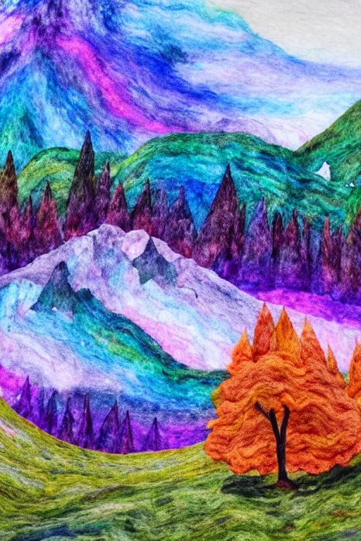 Prompt: fantastic mountain landscape, bright holographic colors, huge trees, dry felting, watercolors