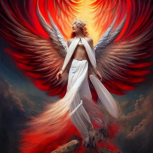 Image similar to beautiful white angel battling red winged devil, surreal, fantasy, intricate, mechanical, elegant, dramatic, highly detailed, gears, lifelike, photorealistic, digital painting, painterly, artstation, concept art, smooth, head in focus, sharp focus, background aerial battle, illustration, art by John Collier and Krenz Cushart and Artem Demura and Alphonse Mucha and Albert Aublet,