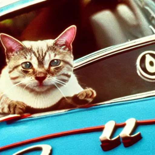 Prompt: close - up sports shot of cat in'herbie the love bug'film ( 1 9 6 8 ). imax, 7 0 mm, movie still