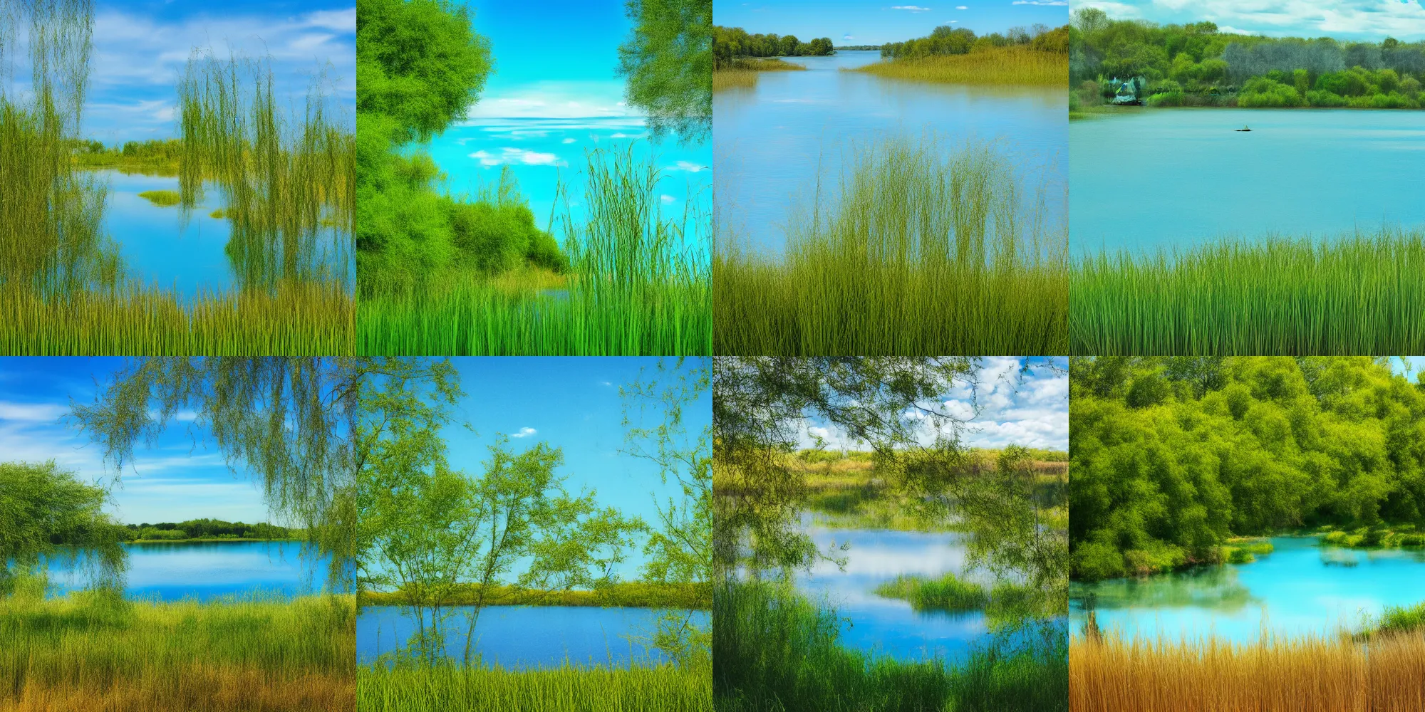 Prompt: A photo of a lake on a sunny day, blue sky with clouds, beautiful, small reeds behind lake, bushes in the foreground, varied trees in the back, summer, 4k, in the style of Kieran Stone, in the style of Mandy Lea