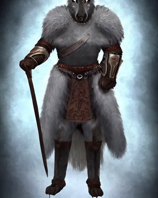Prompt: 8ft tall, grey skinned, half-giant paladin male, clean shaven head, pupiless eyes, fur stuffed breastplate with no sleaves, breastplate is envraged with a symbol of a wolf, d&d character art