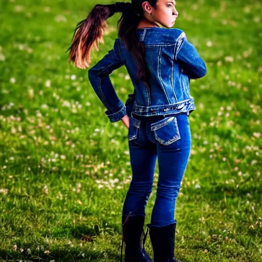 Image similar to a young spanish girl plays on a great green meadow, she wears a jacket, jeans and boots, she has two ponytails, photo taken by a nikon, highly detailed, sharp focus