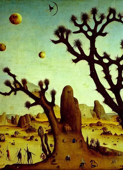 Prompt: Barren Desert by Hieronymus Bosch, Joshua trees, surreal oil painting, highly detailed, dream like, masterpiece