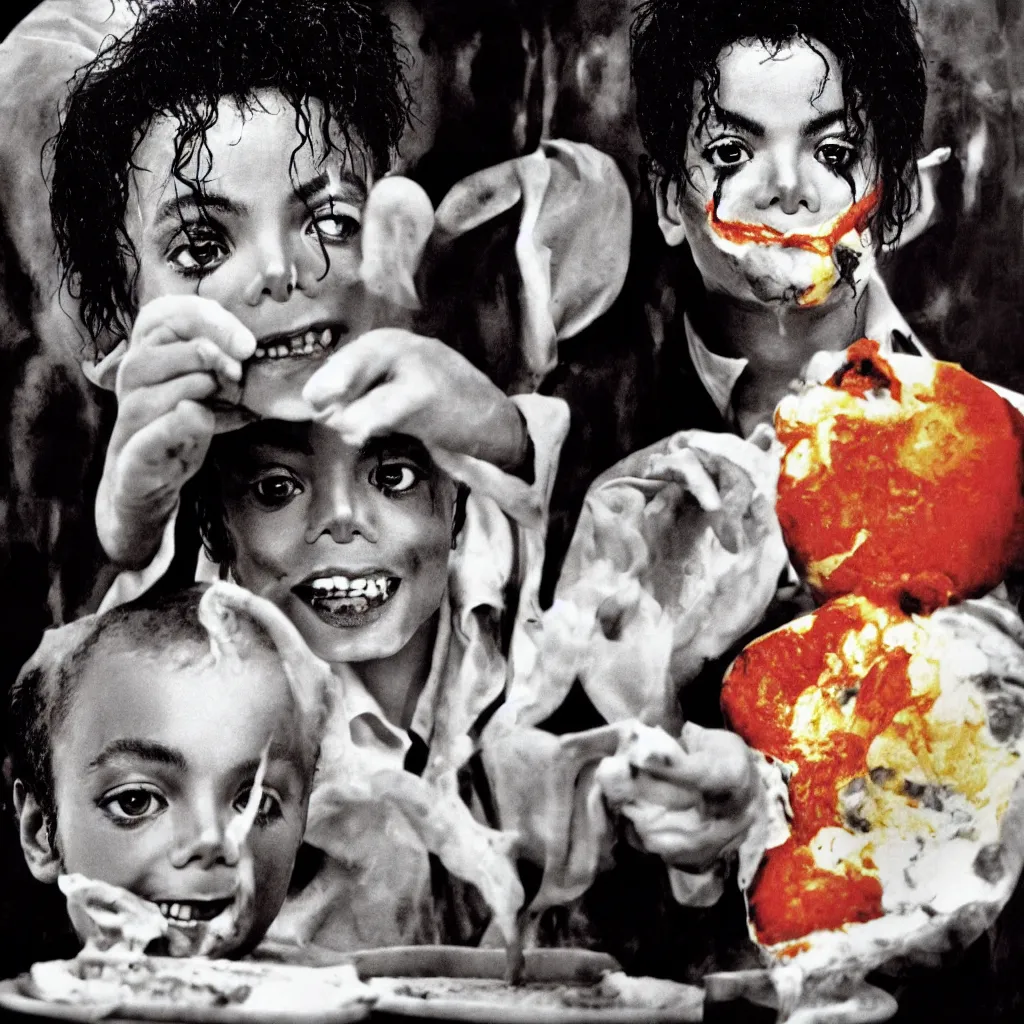 Image similar to award winning photo of michael jackson baking pizza from children, vivid colors, happy, symmetrical face, beautiful eyes, studio lighting, wide shot art by Sally Mann & Arnold Newman