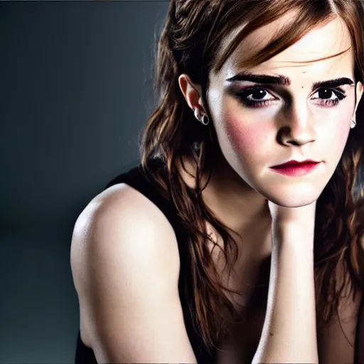 Image similar to Yor Forger cosplay by Emma Watson, seductive gaze, 8k, professional photography, cinematic studio shot, dark, smoke