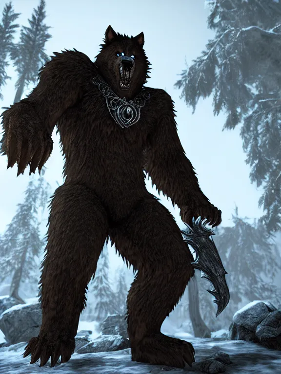 Image similar to cute handsome cuddly werewolf from van helsing unreal engine hyperreallistic render 8k character concept art masterpiece screenshot from the video game the Elder Scrolls V: Skyrim