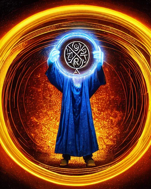 Image similar to enamel painting of mage reciting an incantation and standing on glowing circular runes in the middle of dark room, high production value, intricate details, high resolution, hyperrealistic, hdr, high definition, masterpiece, ultra realistic, highly detailed, hd, sharp focus, non blurry, sharp, smooth