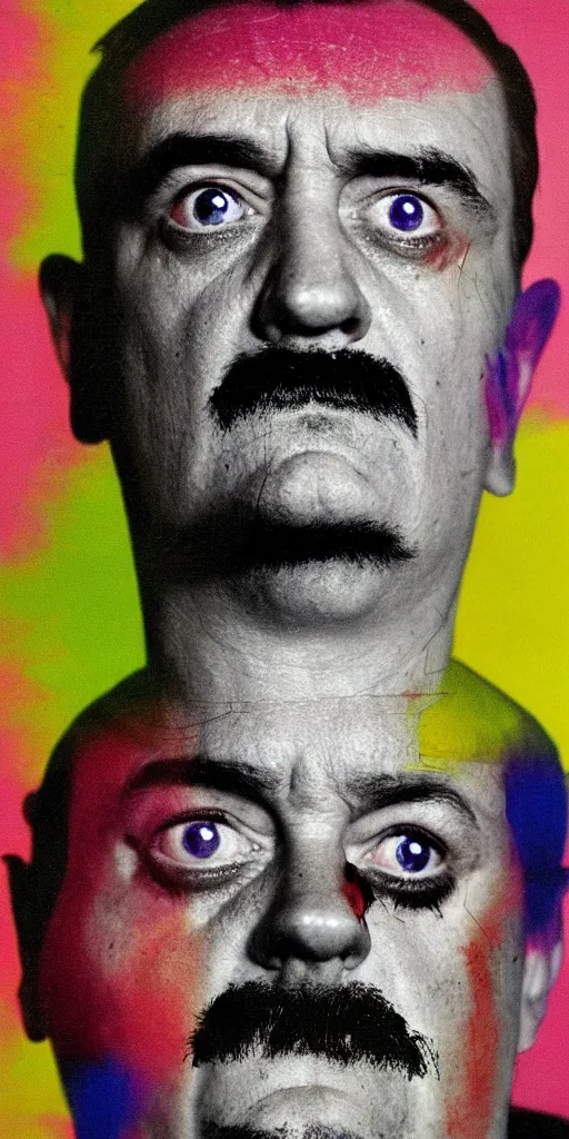 Image similar to award winning photo of mike patton mixed with hitler, vivid colors, happy, symmetrical face, beautiful eyes, studio lighting, wide shot art by roger ballen & francis bacon